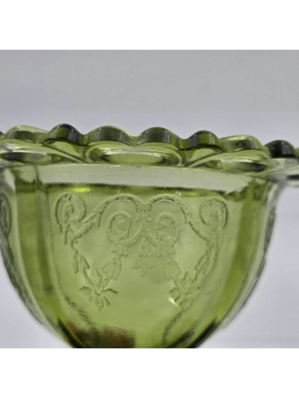 Indiana Glass Lorain Basket Design Avocado Green Glass Footed Lace Trim Planter - Picture 5 of 6